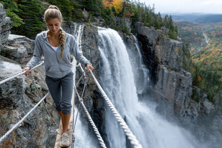 A woman navigates a rope bridge overlooking a stunning waterfall as autumn colors decorate the trees.の写真素材