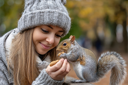 A woman in a cozy sweater shares a snack with a squirrel while surrounded by autumn trees.の写真素材