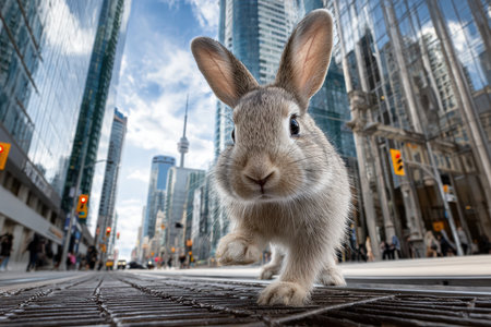 A curious rabbit hops along a city street in Toronto, surrounded by tall buildings and bright skies.の写真素材