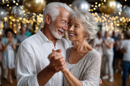 An elderly couple shares a warm moment while dancing together at a vibrant celebration surrounded by friends.の写真素材