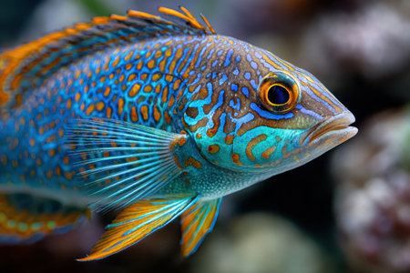 A colorful tropical fish swims in an underwater environmentの写真素材