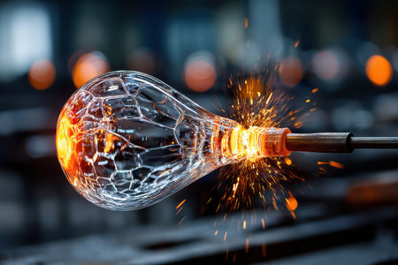 Molten glass is attached to a metal rod, emitting orange sparksの写真素材