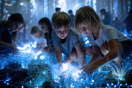Kids interact with vibrant blue lights illuminating the forest floor, creating a whimsical atmosphere at dusk.の写真素材