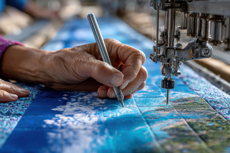 A person meticulously measures and outlines designs on fabric while quilting, highlighting their craftsmanship.の写真素材