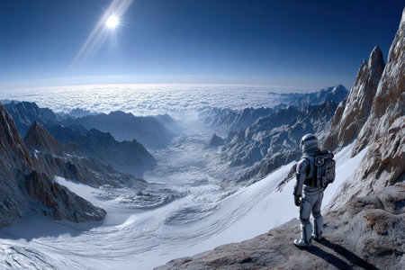 A shot of a lone astronaut standing on an alien planet, captured with a fisheye lens to create a sense of wonder and isolationの写真素材