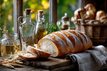 Freshly baked bread with olive oil sits on a wooden surface near a windowの写真素材