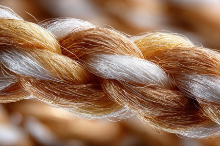 Closeup of a braided gold and white thread on a blurred backgroundの写真素材