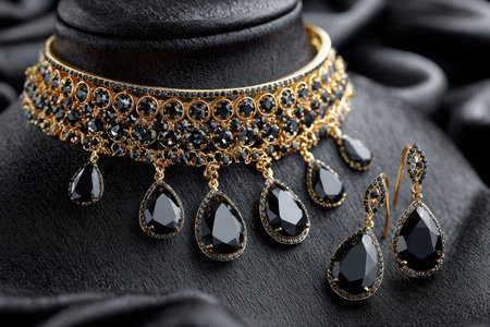 A gold necklace and earrings with black gemstones are displayed on black silkの写真素材