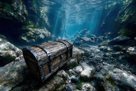 A wooden treasure chest sits on a rocky riverbed underwaterの写真素材