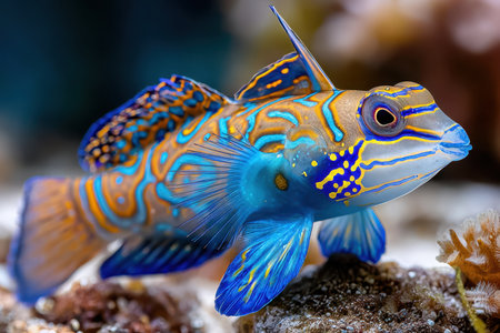 A colorful mandarin fish rests on a coral reefの写真素材