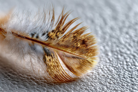 A minimalist shot of a single feather on a white background, conveying simplicity and elegance, under soft studio lighting, using a macro lens on a mirrorless camera.の写真素材