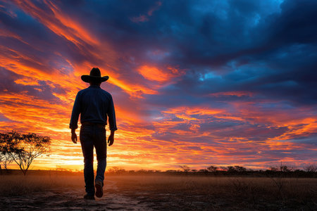 A cowboy walks away at sunset towards a fieldの写真素材