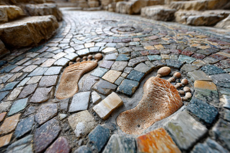 Colorful mosaic pathway features engraved footprints leading through a tranquil outdoor setting surrounded by stones.の写真素材