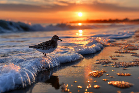 Small bird stands on the beach as waves wash in at sunsetの写真素材