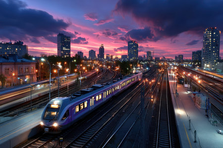 A purple train pulls into a city station at duskの写真素材