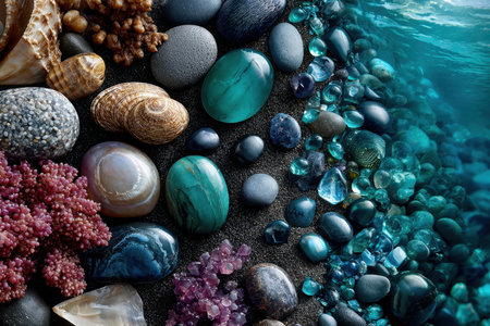 Various sea stones, colorful gems, and shells arranged on dark sand near the ocean's edge in daylight.の写真素材