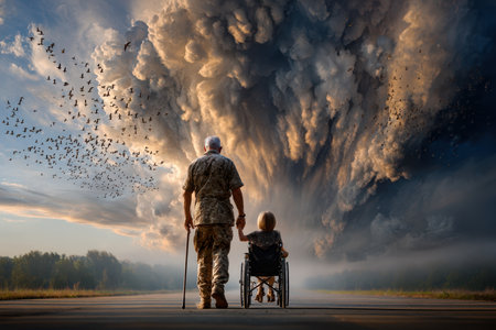 A veteran walks alongside a loved one in a wheelchair, both gazing at the tumultuous sky filled with clouds.の写真素材