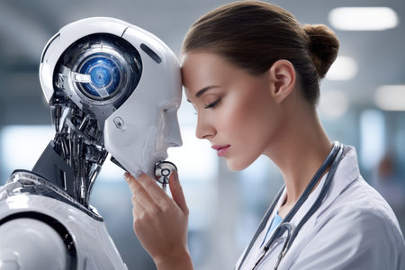 A healthcare expert interacts closely with a humanoid robot in a modern medical facility, showcasing technology.の写真素材