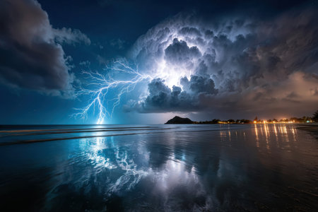Lightning strikes over a beach at night, reflected in the wet sandの写真素材