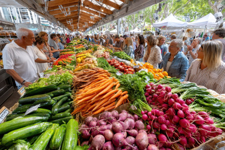 People browse fresh produce at a busy outdoor farmers marketの写真素材