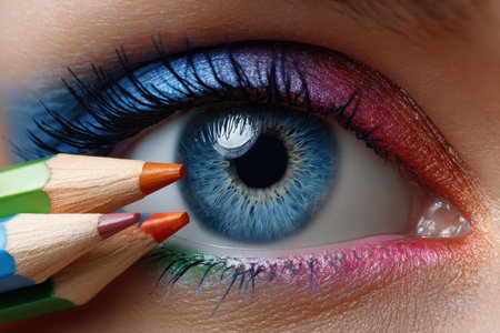 Close-up of a model's eye demonstrating colorful makeup application using vibrant pencils for artistic effect.の写真素材
