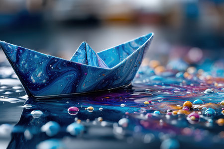A small paper boat glides over a colorful liquid surface filled with shimmering droplets and patterns.の写真素材