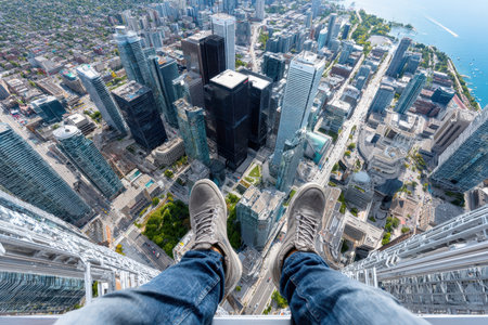 Person sitting on the edge of a skyscraper enjoying a bird's eye view of downtown Toronto's skyline.の写真素材