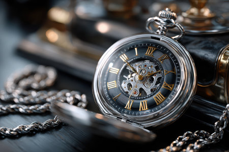 A beautifully crafted pocket watch lies on a dark wooden surface, showing its detailed mechanisms and Roman numerals.の写真素材