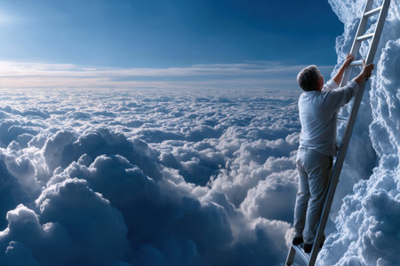 A man ascends a ladder towards fluffy clouds under a clear blue sky, creating a surreal atmosphere.の写真素材