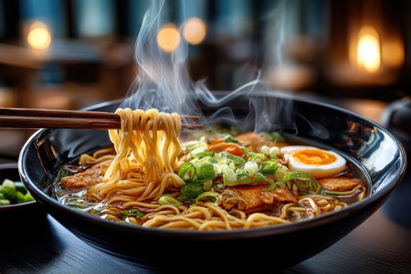 Closeup of steaming ramen noodles being lifted from a bowl with chopsticksの写真素材