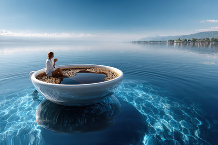 A woman sips coffee from a giant cup floating on calm, clear waters during a serene morning.の写真素材