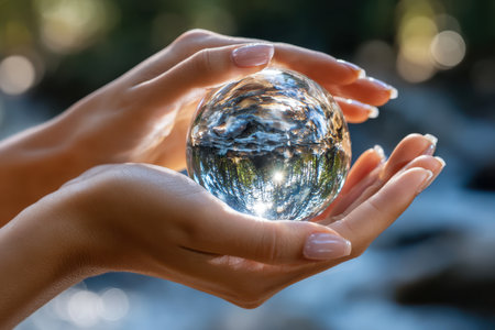 A person gently holds a crystal ball that mirrors the surrounding landscape, showing reflections of nature.の写真素材