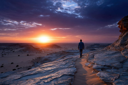 A lone hiker walks towards a vibrant desert sunriseの写真素材