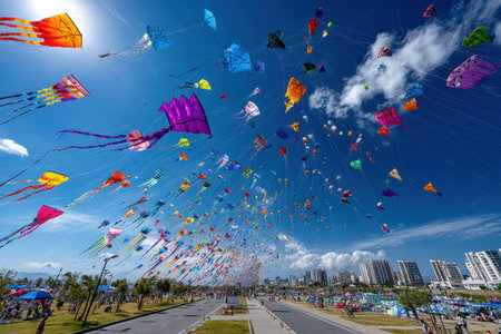 Numerous colorful kites soar against a vivid blue sky above a parkの写真素材
