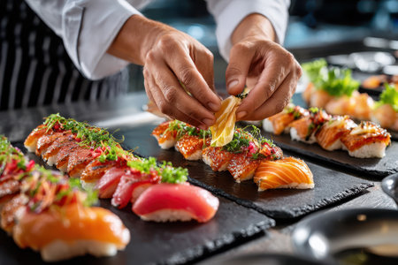 A close-up shot of a chef's hands expertly preparing sushi, under bright studio lights, using a macro lens to highlight the precision and artistryの写真素材