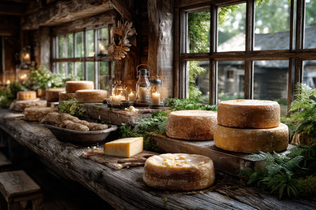 Various cheeses are displayed on a rustic wooden table by a window in a cozy roomの写真素材