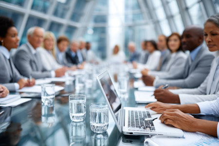 Business professionals gather around a conference table in a modern office settingの写真素材