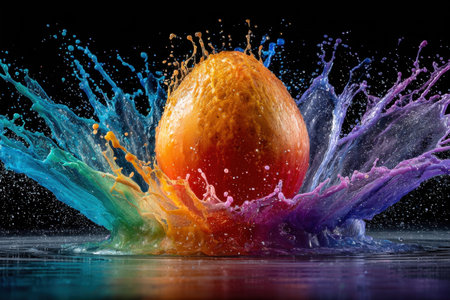 A mango is surrounded by a colorful splash against a black backgroundの写真素材