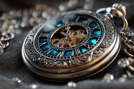 A closeup of an ornate pocket watch with visible gears and jewelsの写真素材