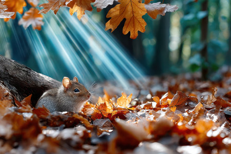 A small mouse sits among fallen autumn leaves on a forest floorの写真素材