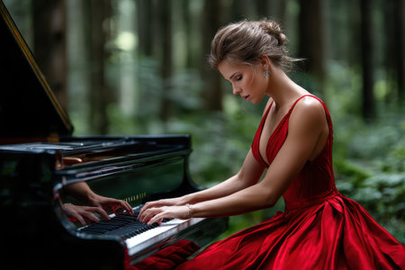A woman dressed in a striking red gown plays a grand piano in a serene forest setting filled with greenery.の写真素材
