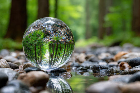 A crystal ball rests on rocks in a shallow stream, reflecting the surrounding forestの写真素材