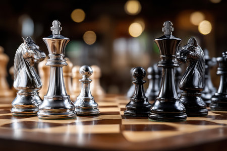 Silver and black chess pieces stand on a wooden chessboardの写真素材