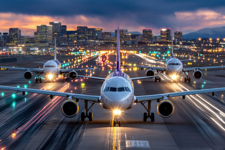 Airplanes taxi on a runway at dusk with a city skyline in the backgroundの写真素材
