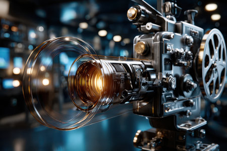 Detailed view of a vintage film camera focusing light in a dimly lit studio filled with equipment.の写真素材