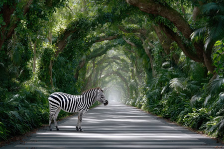 A zebra stands on a quiet road, with lush greenery and sunlight filtering through leaves, creating serenity.の写真素材