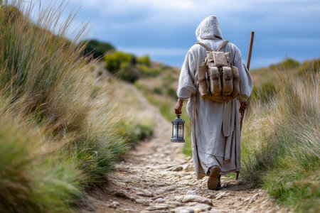 A person dressed in simple robes walks along a gravel path, holding a lantern in a serene environment.の写真素材