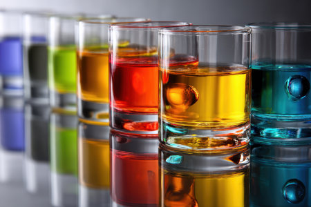 Brightly colored beverages are presented in clear glasses, reflecting hues against a sleek surface.の写真素材