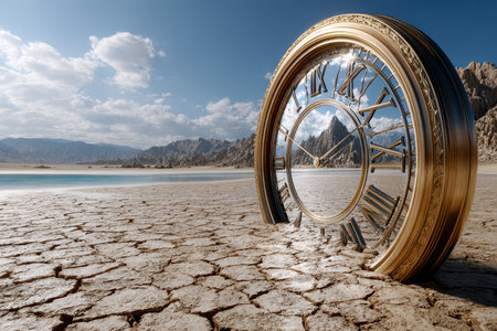 A large golden clock stands half-buried in dry, cracked earth, with mountains in the background and a serene sky.の写真素材