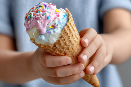 A child holds a colorful ice cream cone topped with sprinkles on a bright day, enjoying a sweet treat.の写真素材